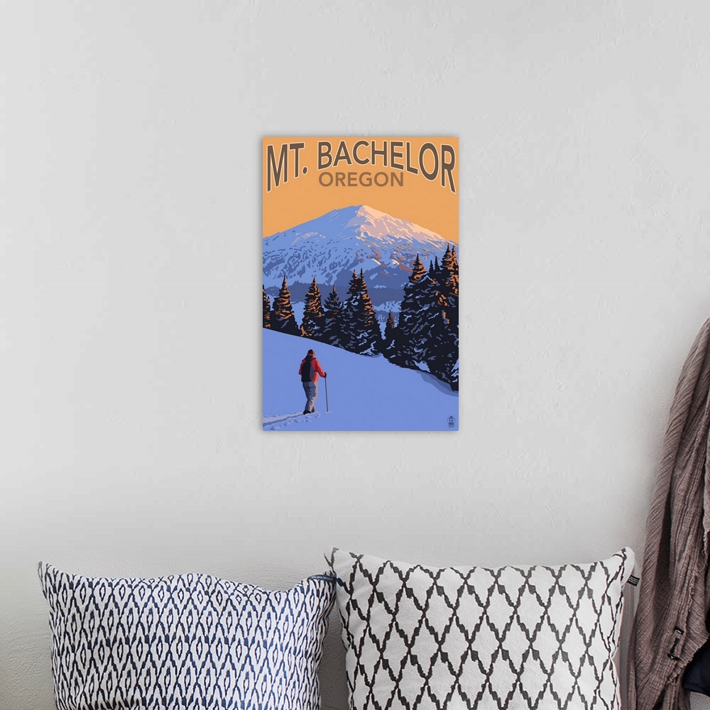 A bohemian room featuring Mt. Bachelor and Skier - Oregon: Retro Travel Poster