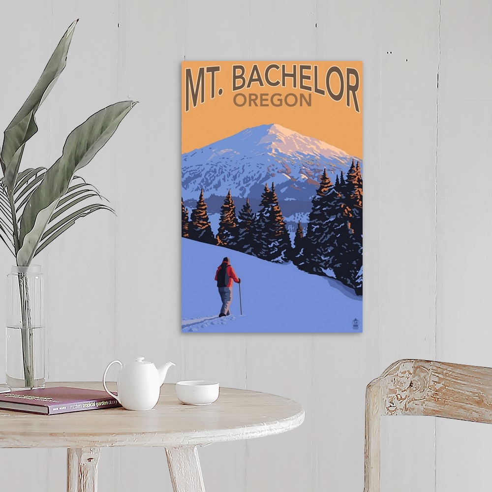A farmhouse room featuring Mt. Bachelor and Skier - Oregon: Retro Travel Poster