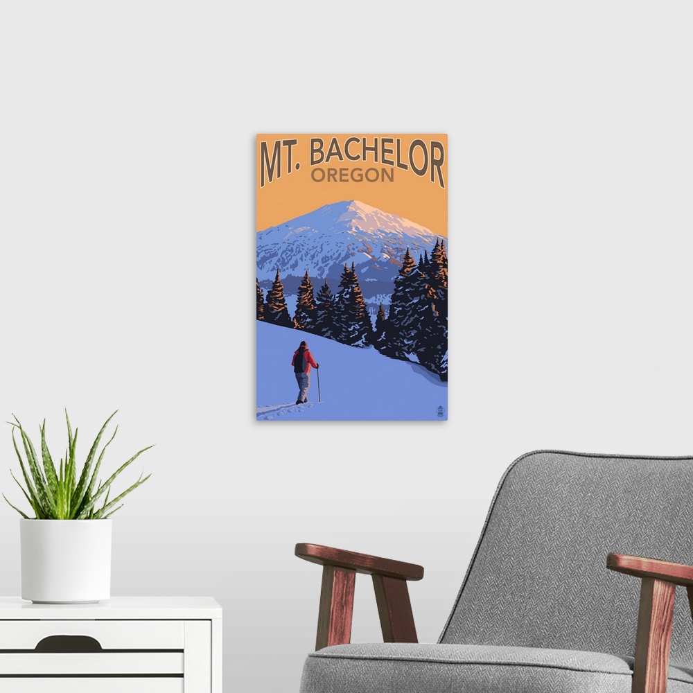 A modern room featuring Mt. Bachelor and Skier - Oregon: Retro Travel Poster