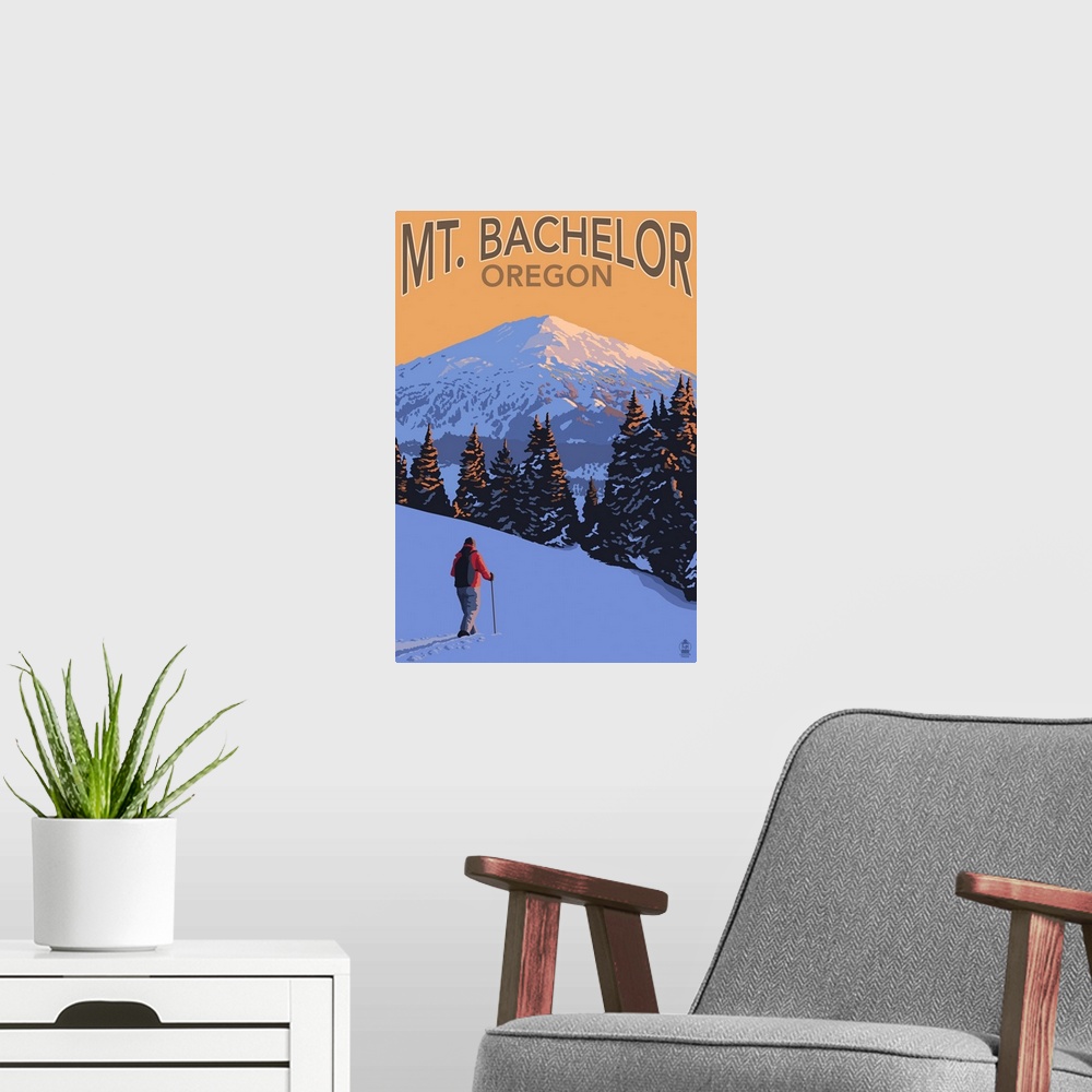 A modern room featuring Mt. Bachelor and Skier - Oregon: Retro Travel Poster