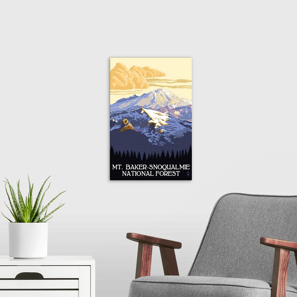 A modern room featuring Mt. Baker Snoqualmie National Forest: Retro Travel Poster