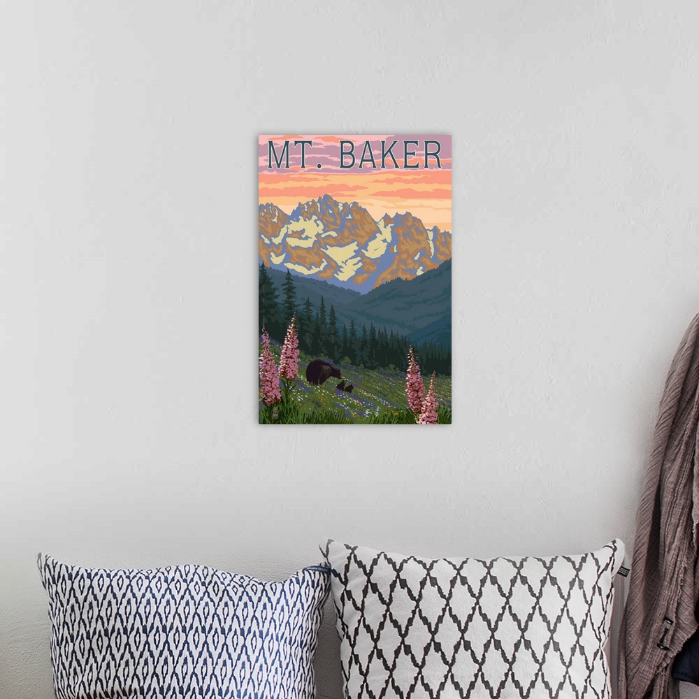 A bohemian room featuring Mt. Baker, Washington - Bears and Spring Flowers: Retro Travel Poster