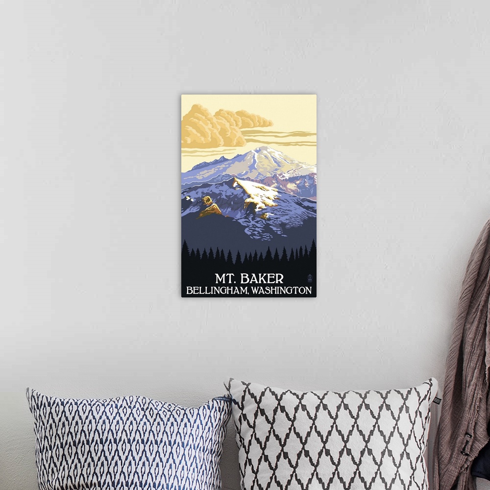A bohemian room featuring Retro stylized art poster of a snow covered mountain with a puffy clouds in the background.