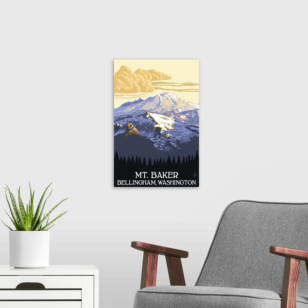 A modern room featuring Retro stylized art poster of a snow covered mountain with a puffy clouds in the background.