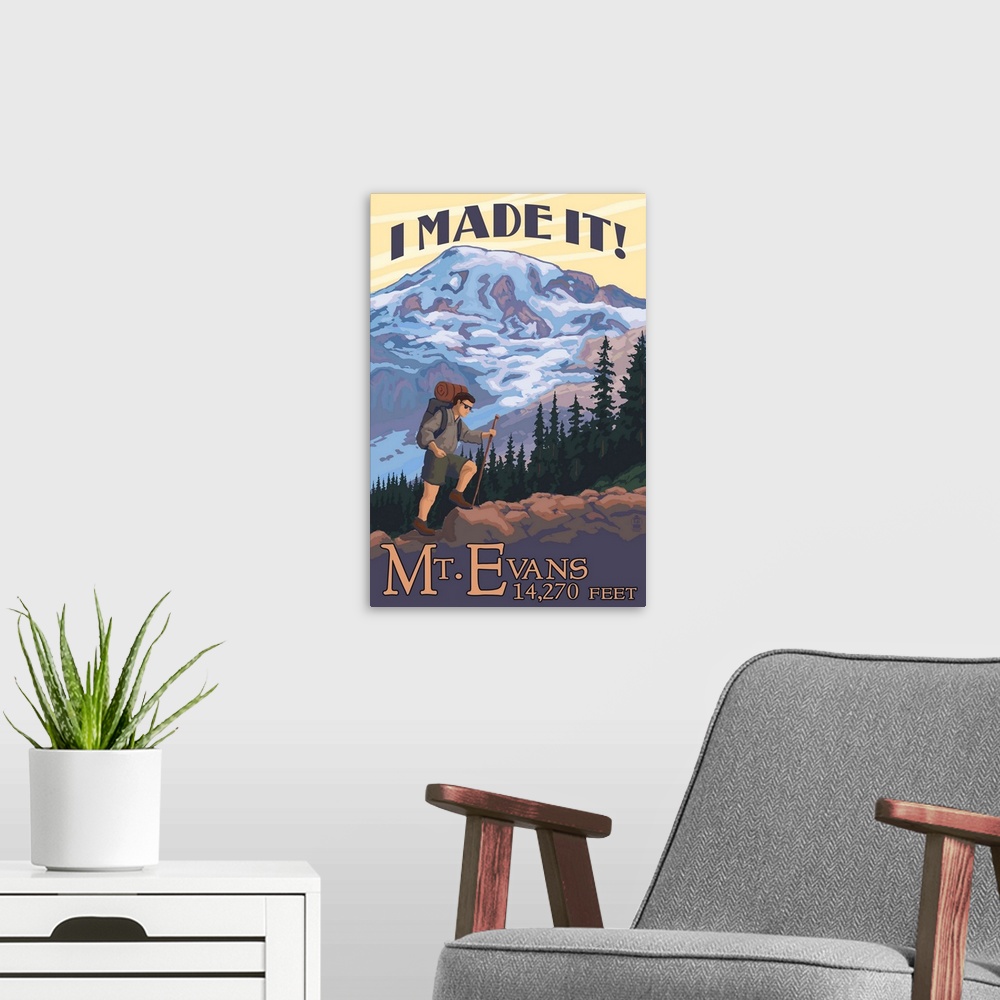 A modern room featuring Retro stylized art poster of a hiker walking a trail, with a mountain in the background.