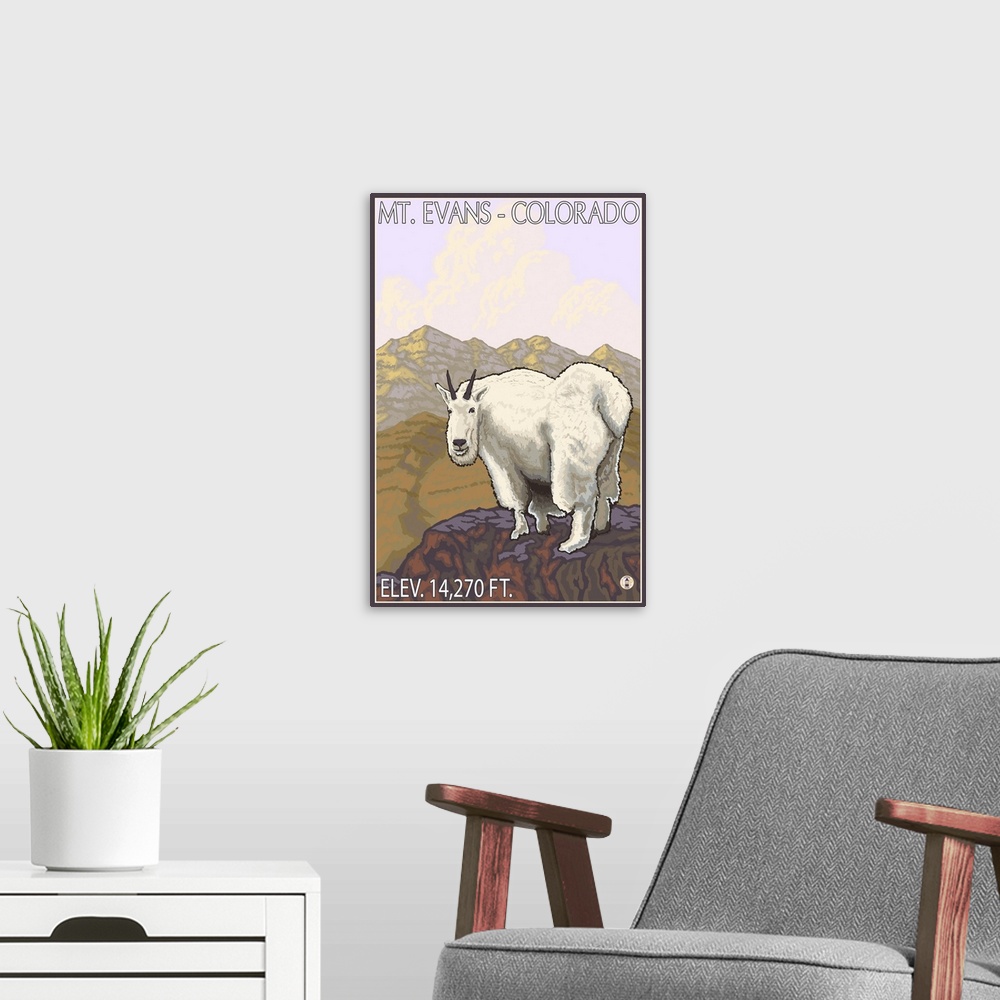 A modern room featuring Mt. Evans, Colorado - Mountain Goat: Retro Travel Poster