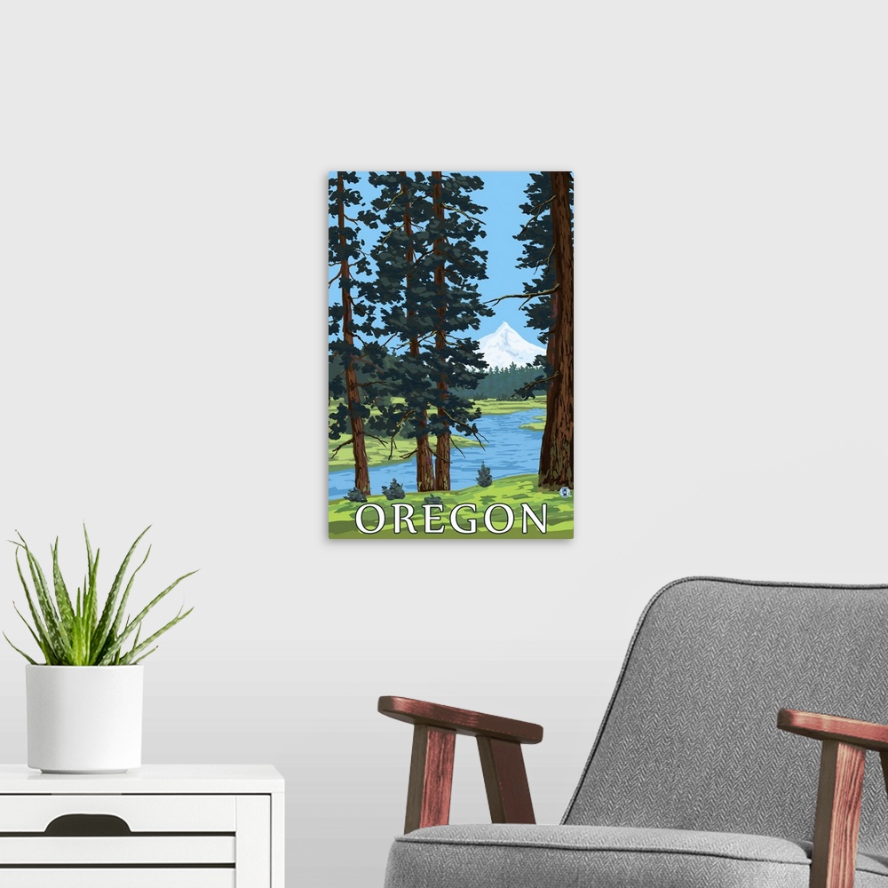 A modern room featuring Mt. Hood and River - Oregon Scene: Retro Travel Poster