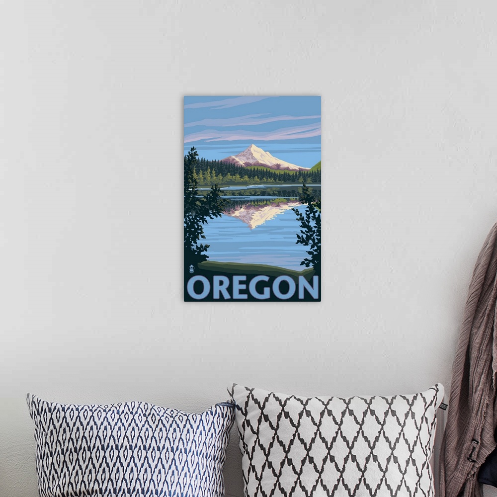 A bohemian room featuring Retro stylized art poster of a mountain casting a reflection in a clear blue lake.