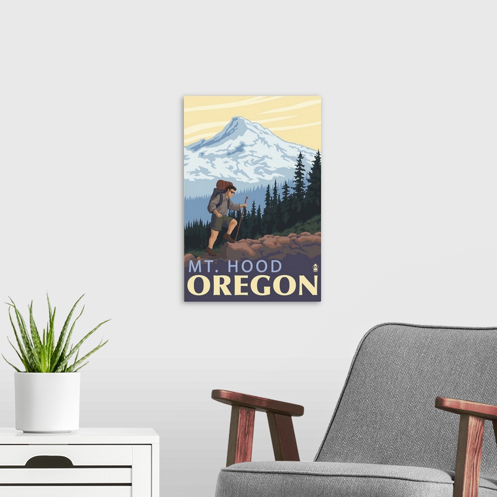 A modern room featuring Mt. Hood Hiker Scene: Retro Travel Poster