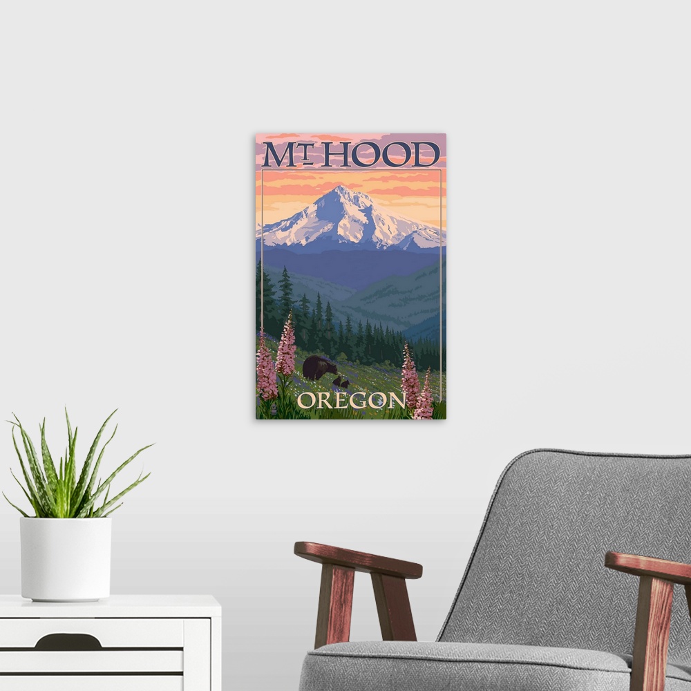 A modern room featuring Mt. Hood, Oregon - Bear Family and Spring Flowers: Retro Travel Poster