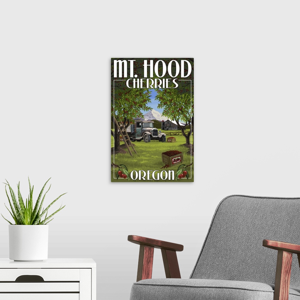 A modern room featuring Mt. Hood, Oregon Cherries: Retro Travel Poster