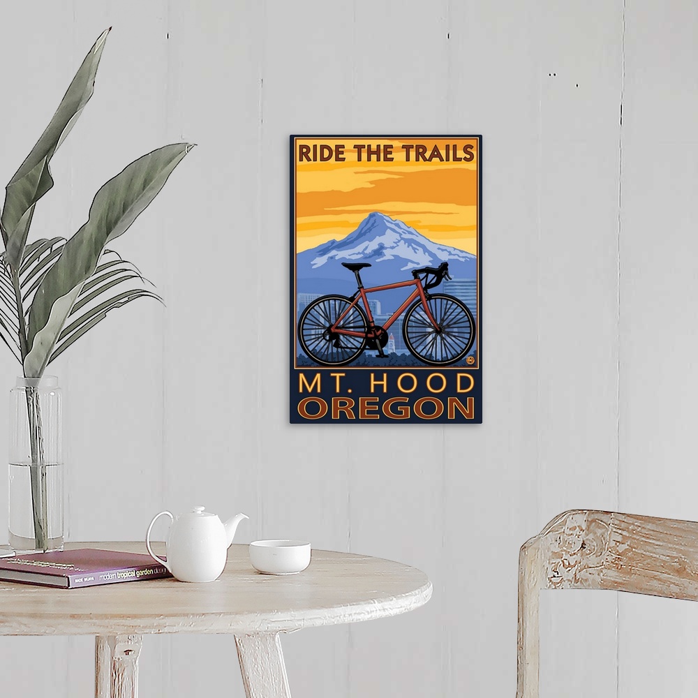A farmhouse room featuring Retro stylized art poster of a mountain bike, with a city skyline and mountain in the background.