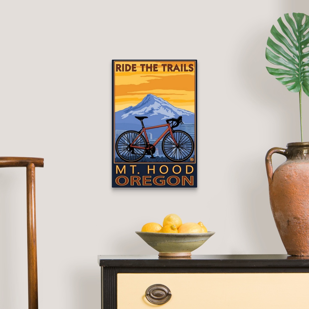 A traditional room featuring Retro stylized art poster of a mountain bike, with a city skyline and mountain in the background.