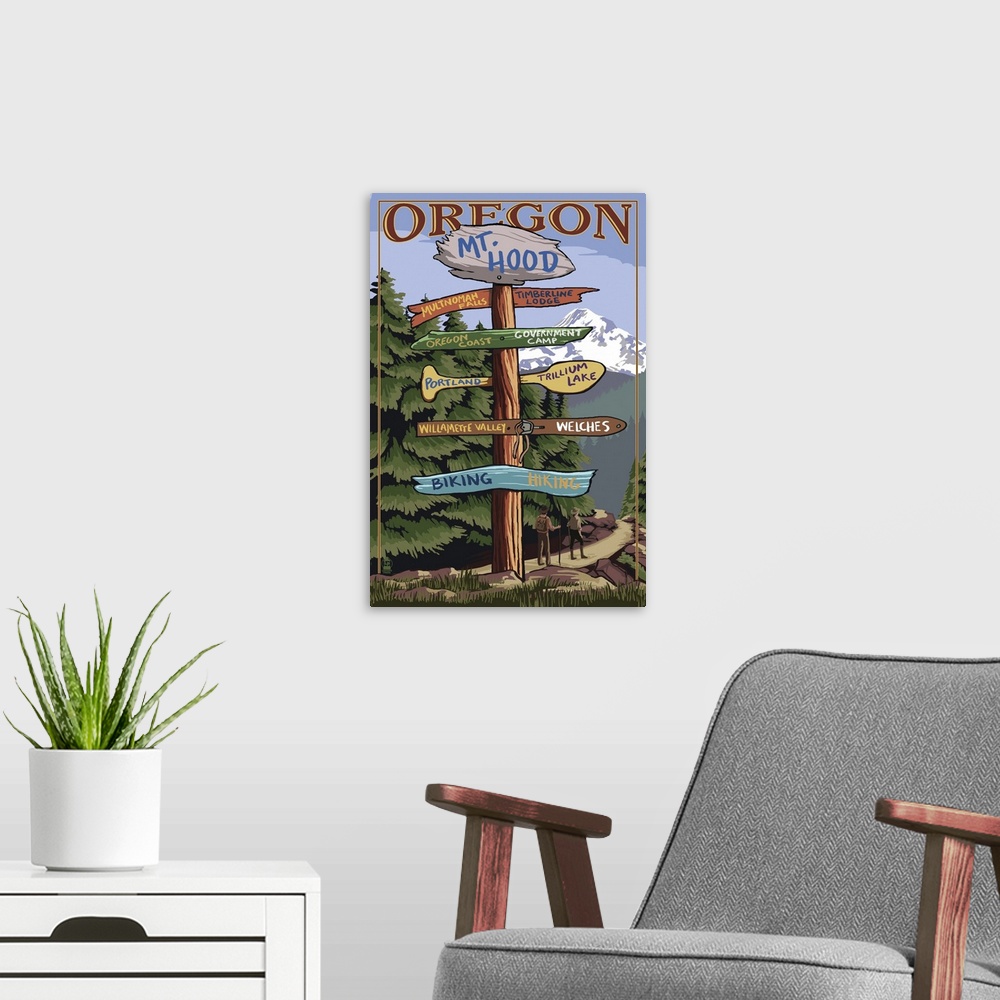 A modern room featuring Mt. Hood, Oregon - Spring Destination Sign: Retro Travel Poster