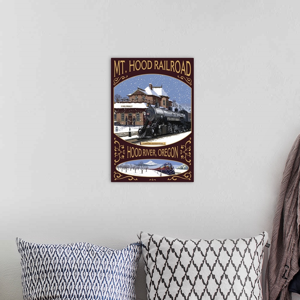 A bohemian room featuring Mt. Hood Railroad Winter Scene - Hood River, OR- : Retro Travel Poster
