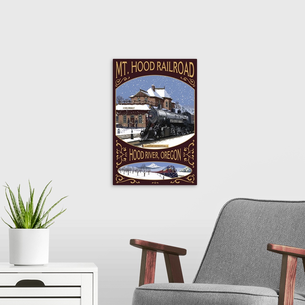 A modern room featuring Mt. Hood Railroad Winter Scene - Hood River, OR- : Retro Travel Poster