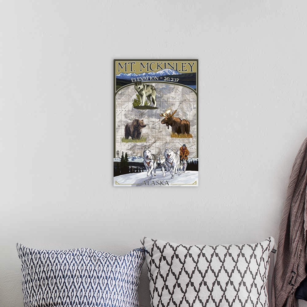 A bohemian room featuring Retro stylized art poster of a montage of images against a background of a map.