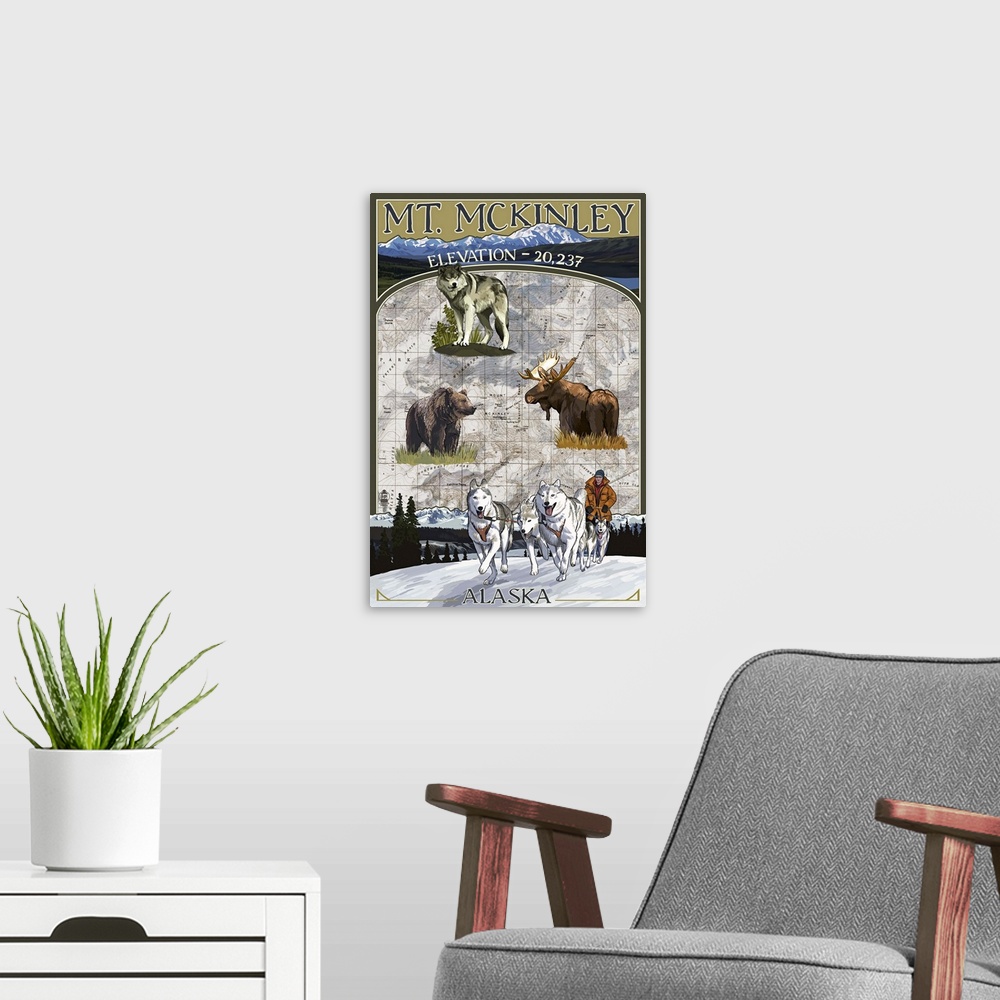 A modern room featuring Retro stylized art poster of a montage of images against a background of a map.