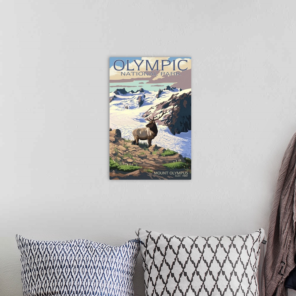 A bohemian room featuring Mt. Olympus and Elk - Olympic National Park, Washington: Retro Travel Poster