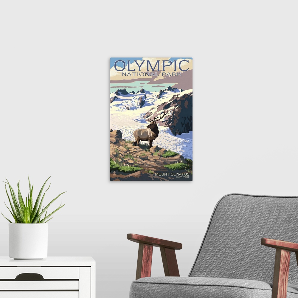 A modern room featuring Mt. Olympus and Elk - Olympic National Park, Washington: Retro Travel Poster