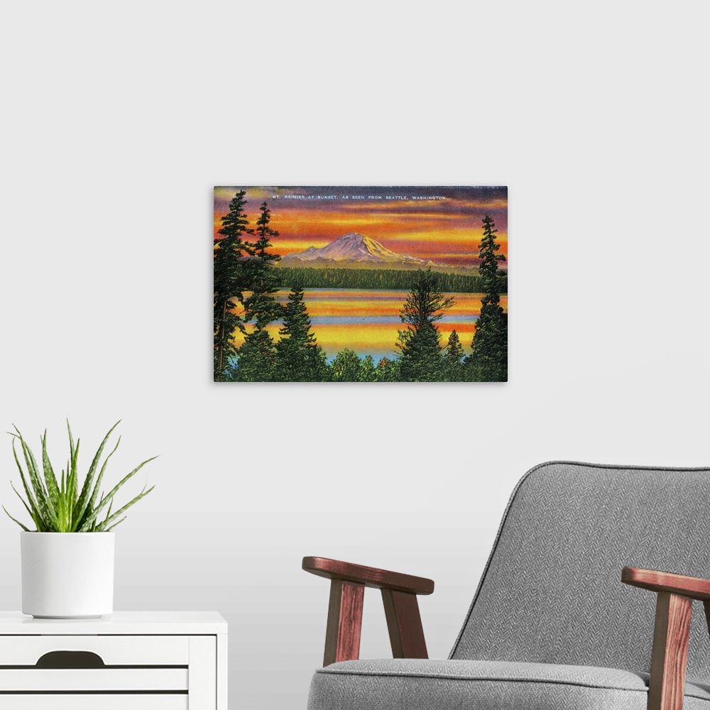 A modern room featuring Mt. Rainier at Sunset, Mt. Rainier, WA