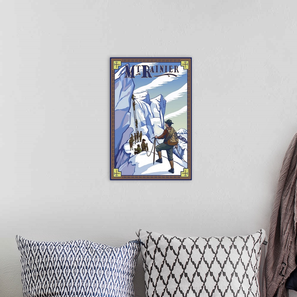 A bohemian room featuring Mt. Rainier Ice Climbers: Retro Travel Poster