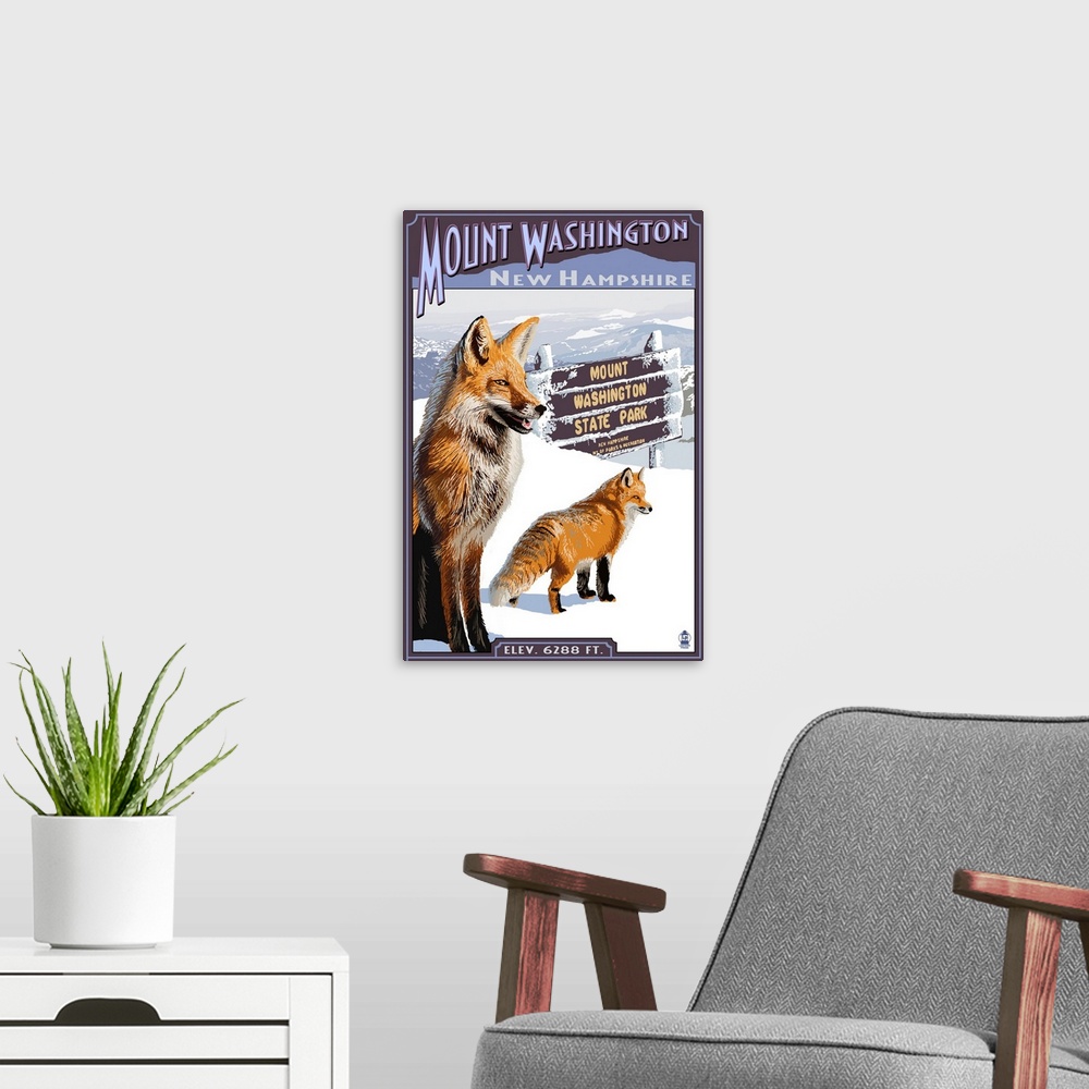 A modern room featuring Mt. Washington, New Hampshire - Fox Scene: Retro Travel Poster
