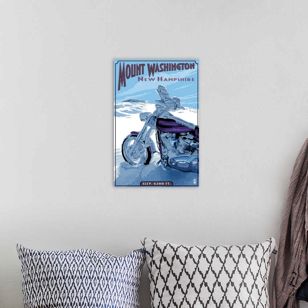 A bohemian room featuring Mt. Washington, New Hampshire - Motorcycle in Snow: Retro Travel Poster