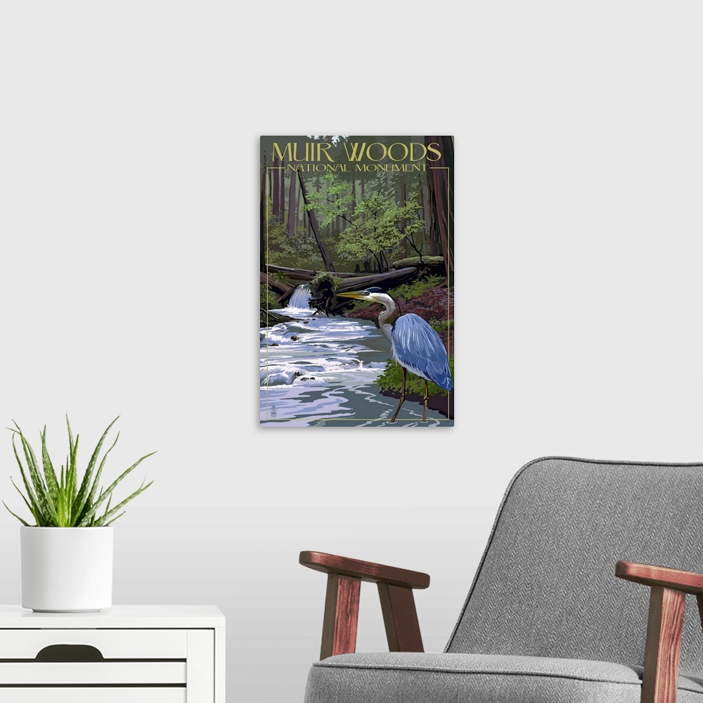 A modern room featuring Muir Woods National Monument, California - Blue Heron: Retro Travel Poster