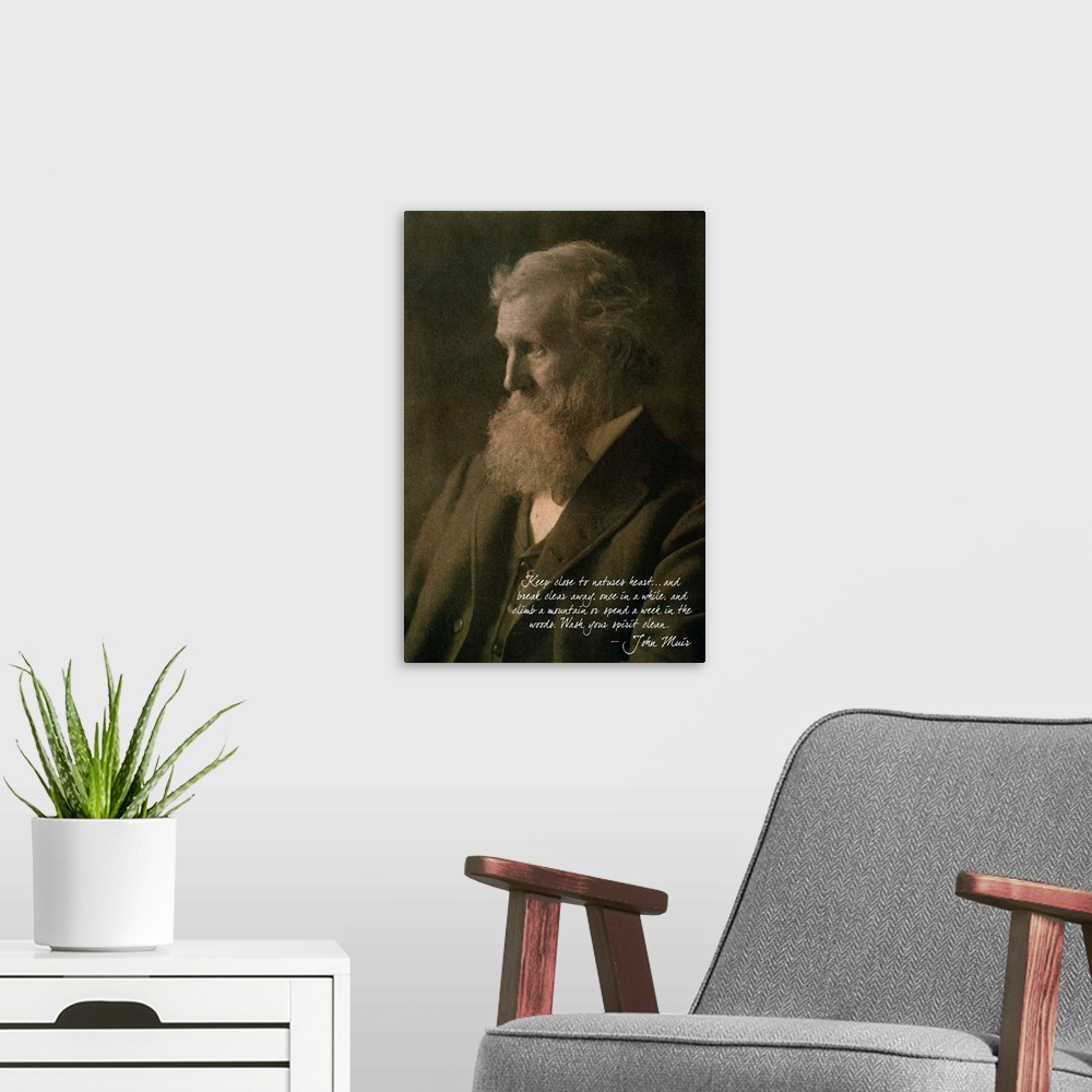 A modern room featuring Muir Woods National Monument, California - John Muir Portrait: Retro Poster