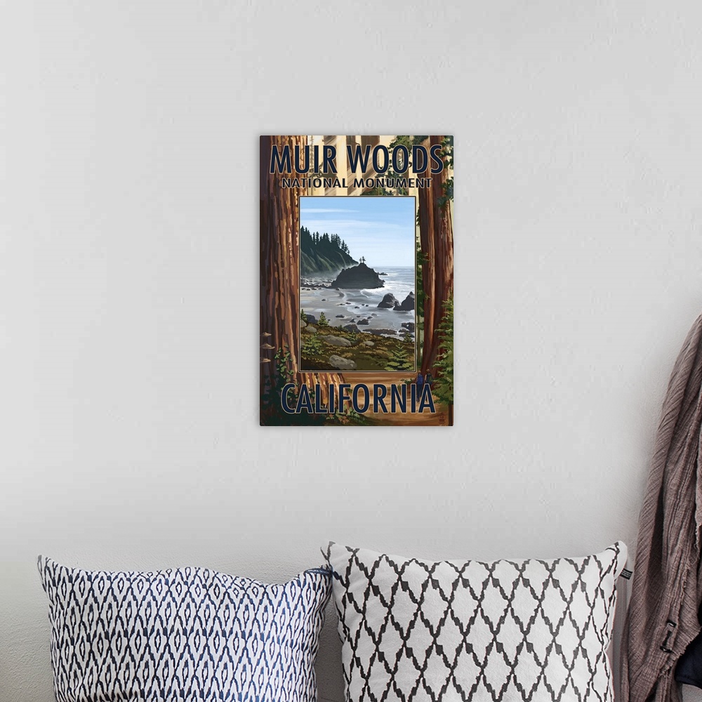 A bohemian room featuring Muir Woods National Monument, California - Trees and Ocean: Retro Travel Poster