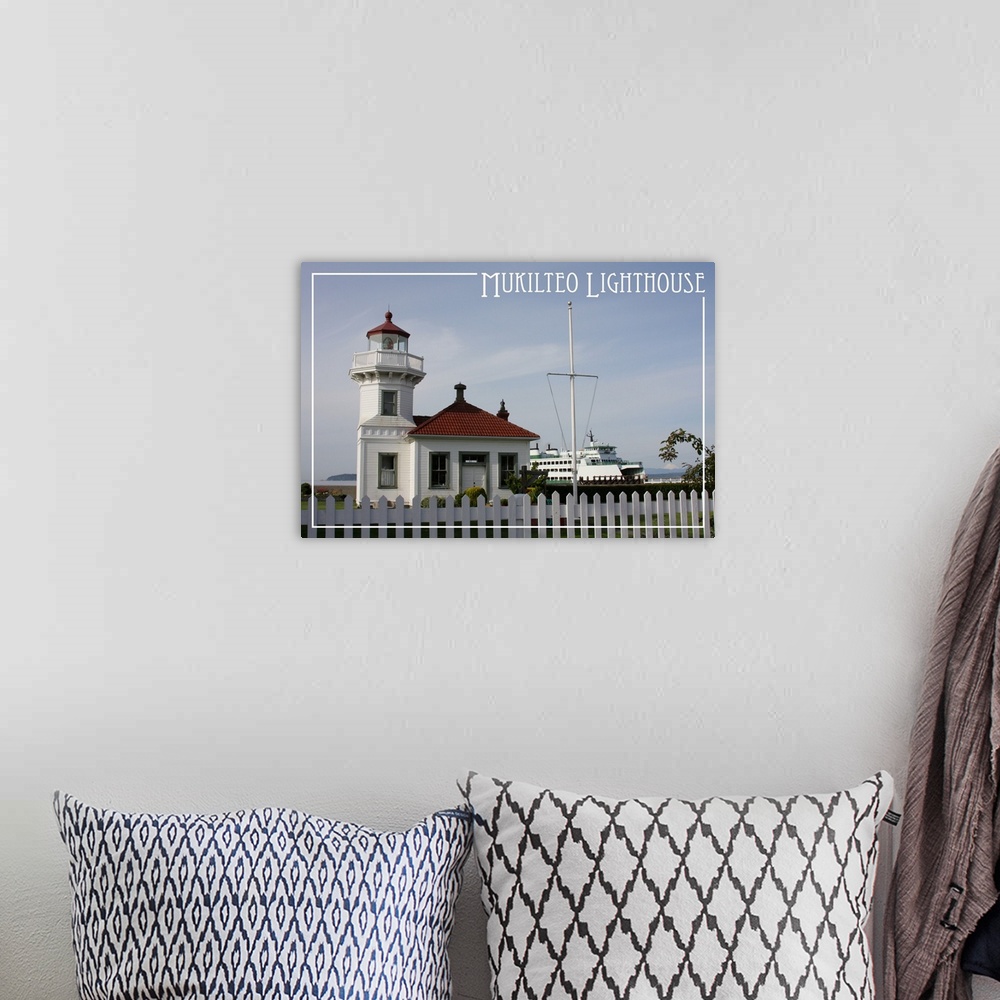 A bohemian room featuring Mukilteo Lighthouse - Mt. Baker and Ferry - Mukilteo, WA: Retro Travel Poster