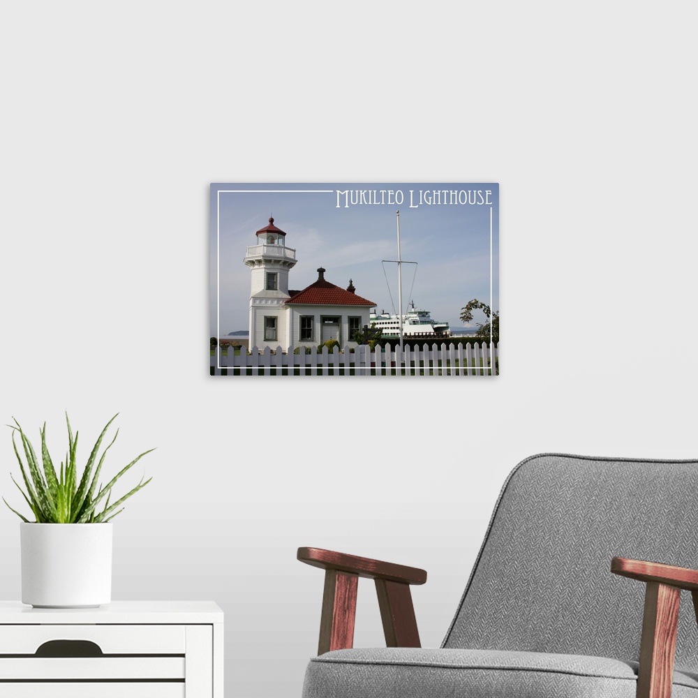 A modern room featuring Mukilteo Lighthouse - Mt. Baker and Ferry - Mukilteo, WA: Retro Travel Poster