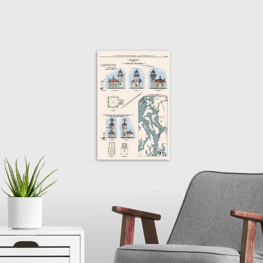 A modern room featuring Mukilteo Lighthouse Technical Drawing - Mukilteo, Washington: Retro Travel Poster