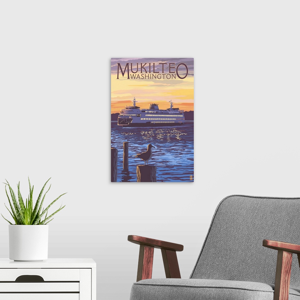 A modern room featuring Mukilteo, Washington - Ferry at Sunset: Retro Travel Poster