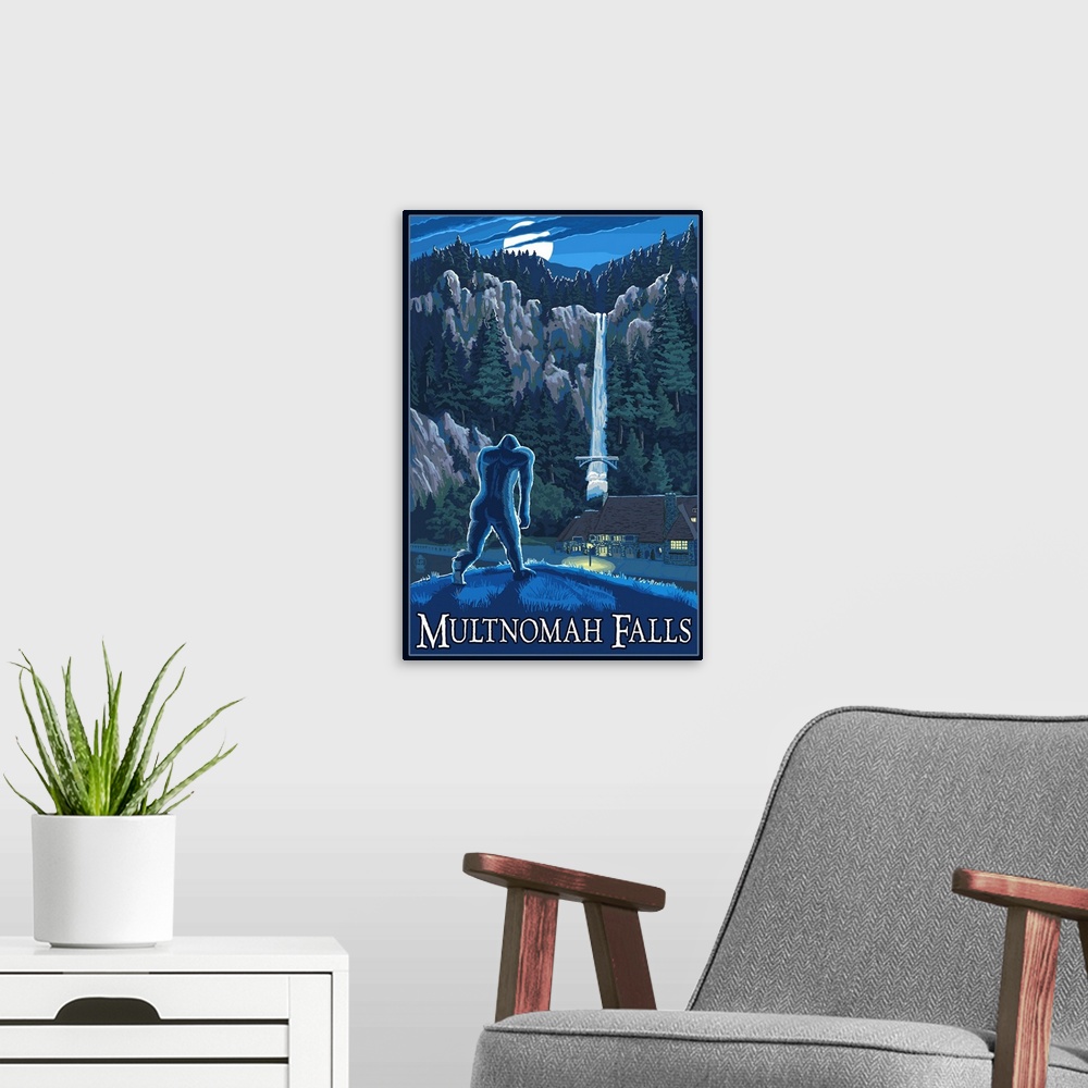 A modern room featuring Retro stylized art poster of a silhouetted Sasquatch looking at a waterfall in the moonlight.