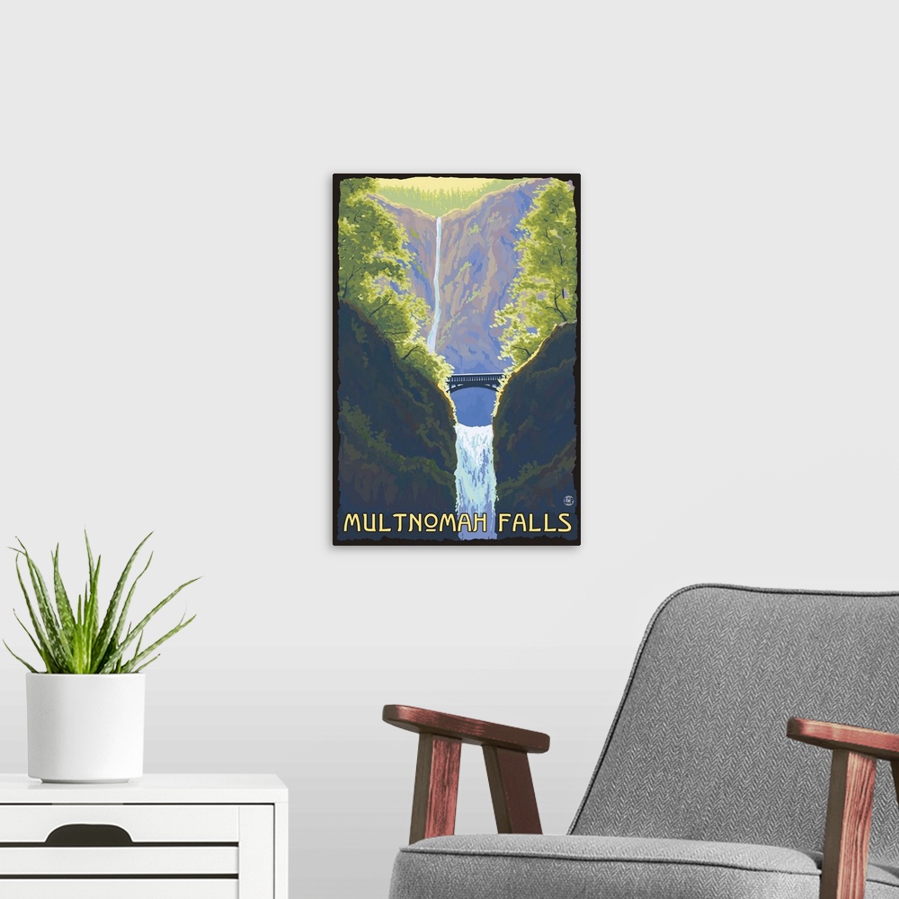 A modern room featuring Multnomah Falls, Oregon: Retro Travel Poster