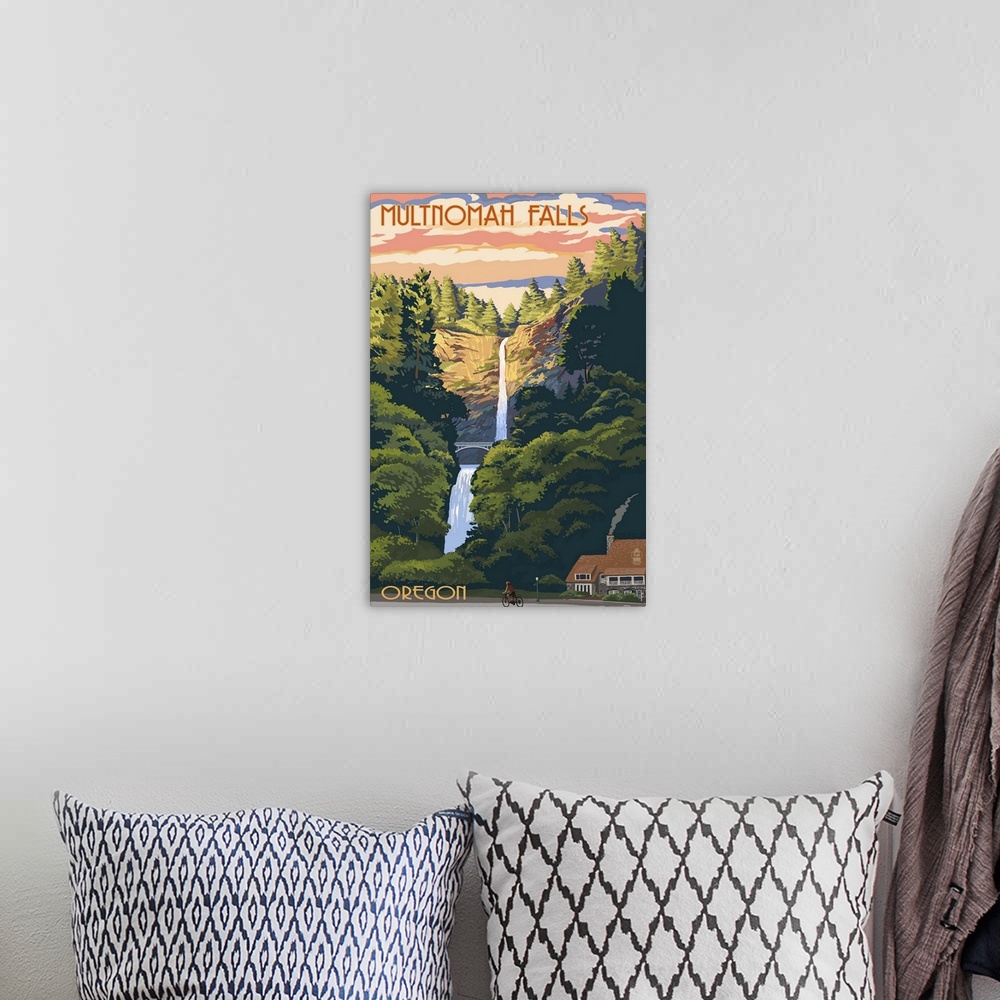 A bohemian room featuring Multnomah Falls, Oregon - Sunset: Retro Travel Poster