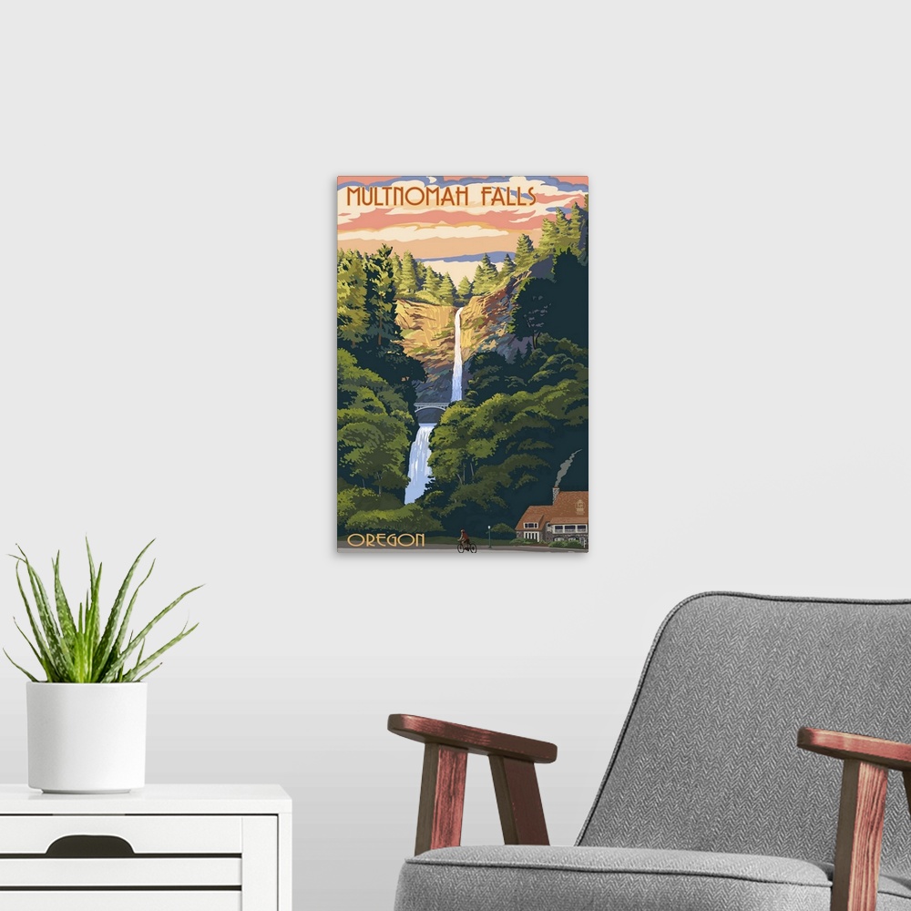 A modern room featuring Multnomah Falls, Oregon - Sunset: Retro Travel Poster