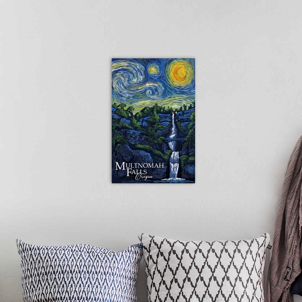 A bohemian room featuring Multnomah Falls, Oregon - Van Gogh Starry Night