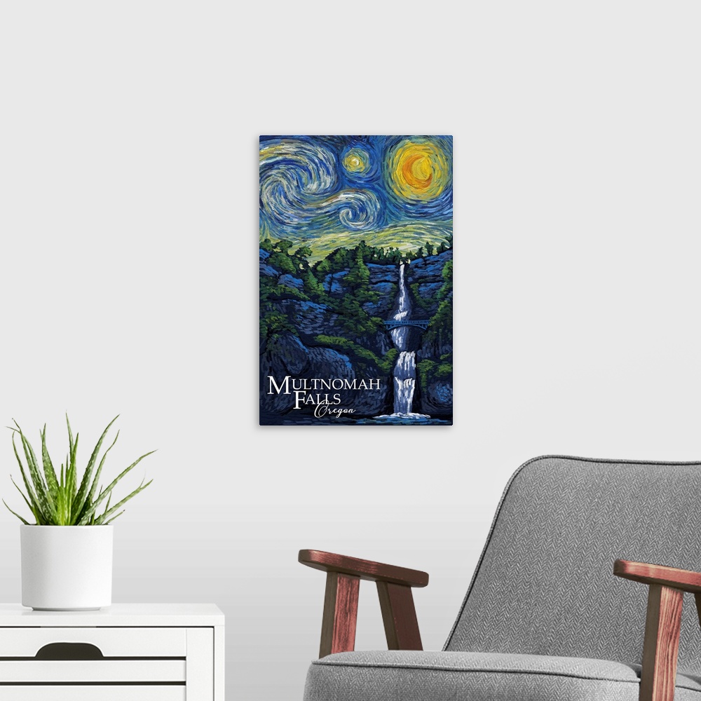 A modern room featuring Multnomah Falls, Oregon - Van Gogh Starry Night