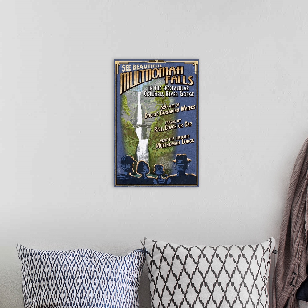 A bohemian room featuring Retro stylized art poster of a group of people looking a ta waterfall.