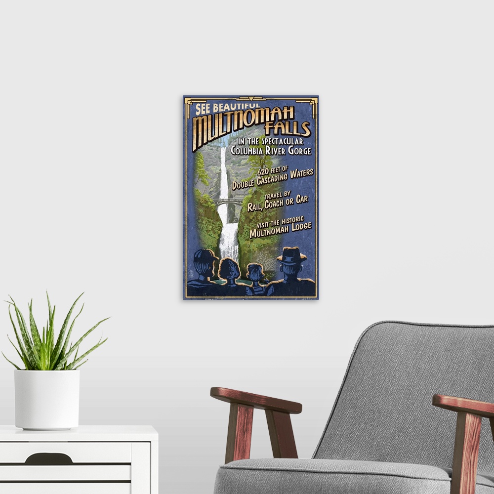 A modern room featuring Retro stylized art poster of a group of people looking a ta waterfall.