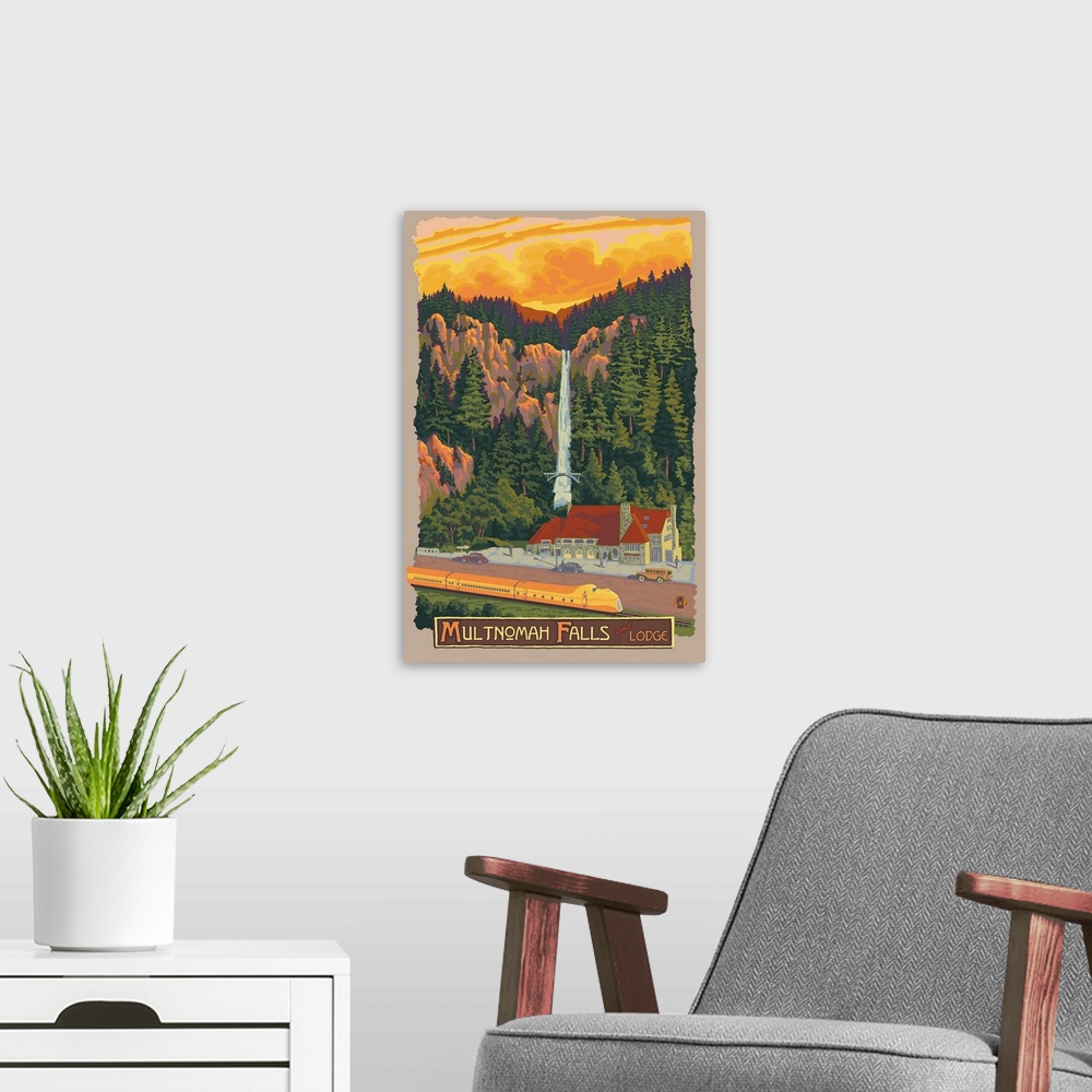 A modern room featuring Multnomah Falls: Retro Travel Poster