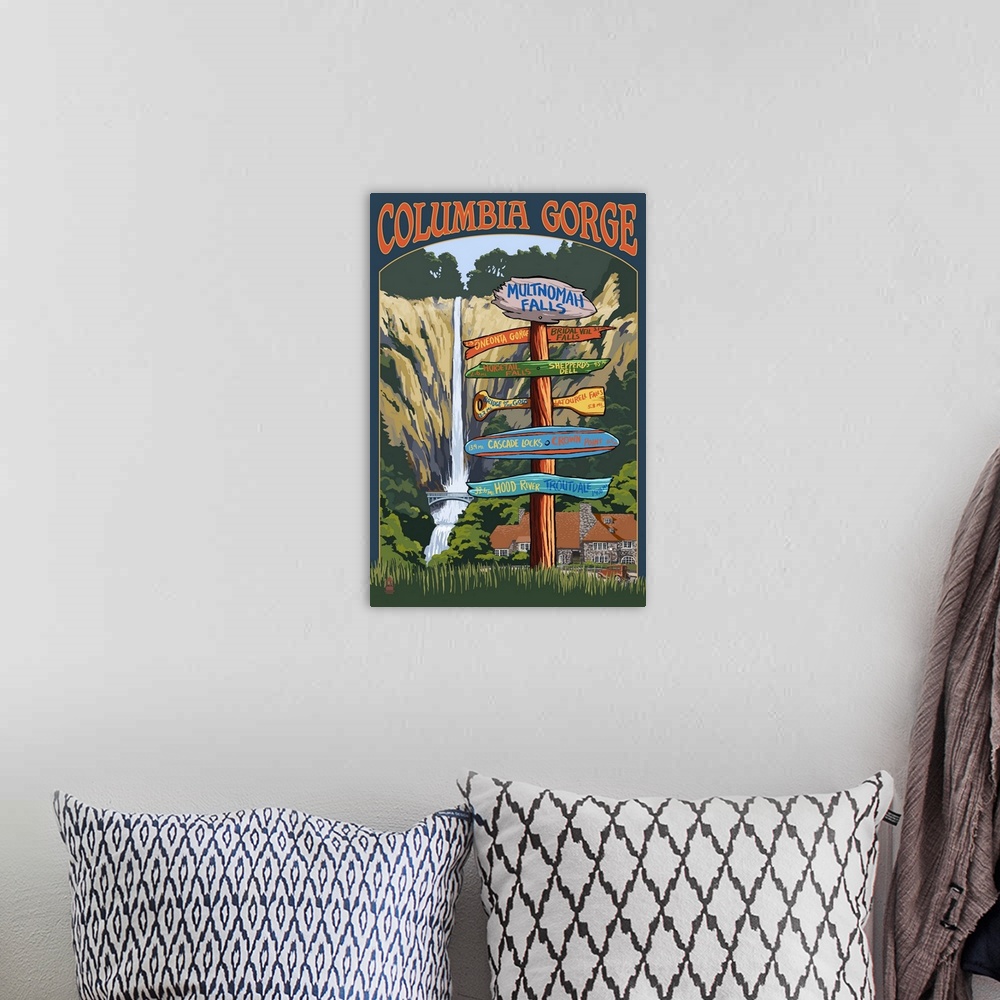 A bohemian room featuring Multnomah Falls Signpost - Columbia Gorge, Oregon: Retro Travel Poster