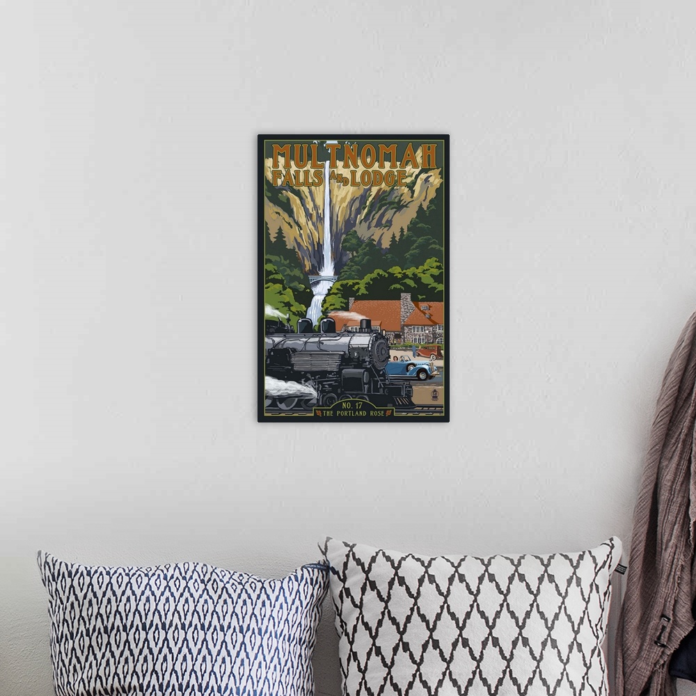 A bohemian room featuring Multnomah Falls - Train and Cars: Retro Travel Poster