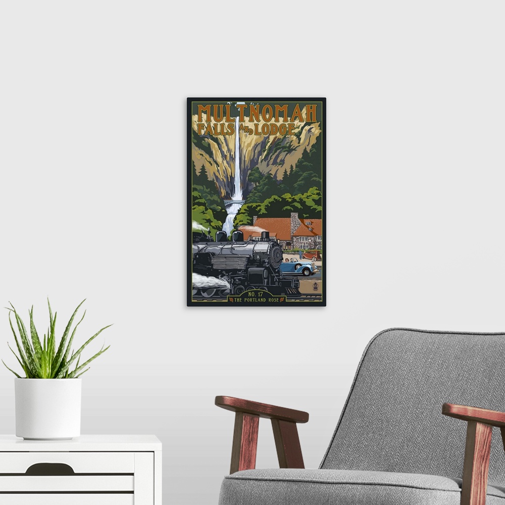 A modern room featuring Multnomah Falls - Train and Cars: Retro Travel Poster