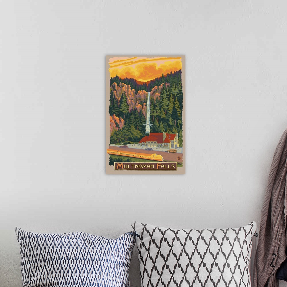 A bohemian room featuring Multnomah Falls View with Train: Retro Travel Poster
