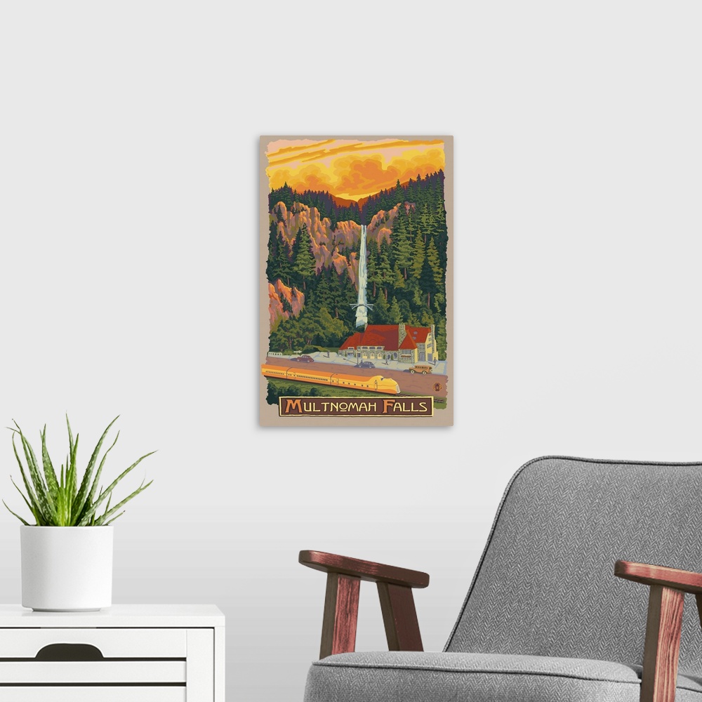 A modern room featuring Multnomah Falls View with Train: Retro Travel Poster