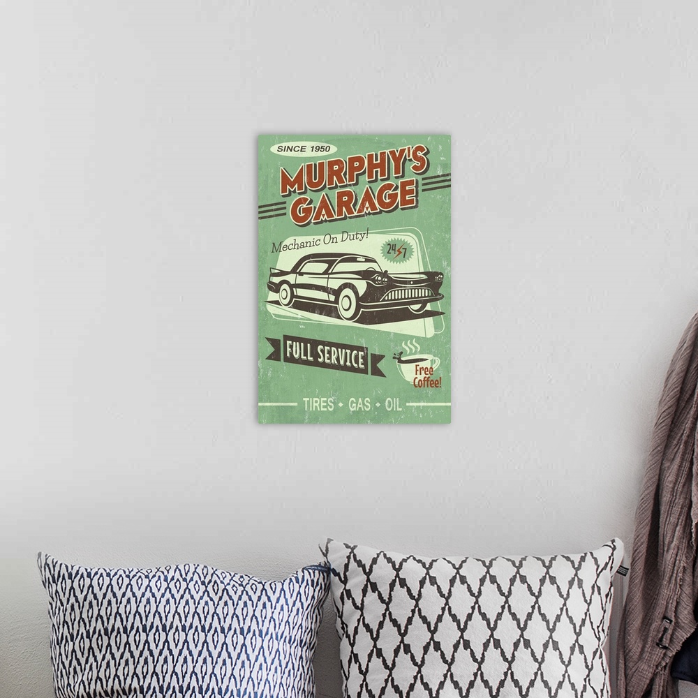 A bohemian room featuring Murphy's Full Service Garage, Vintage Sign